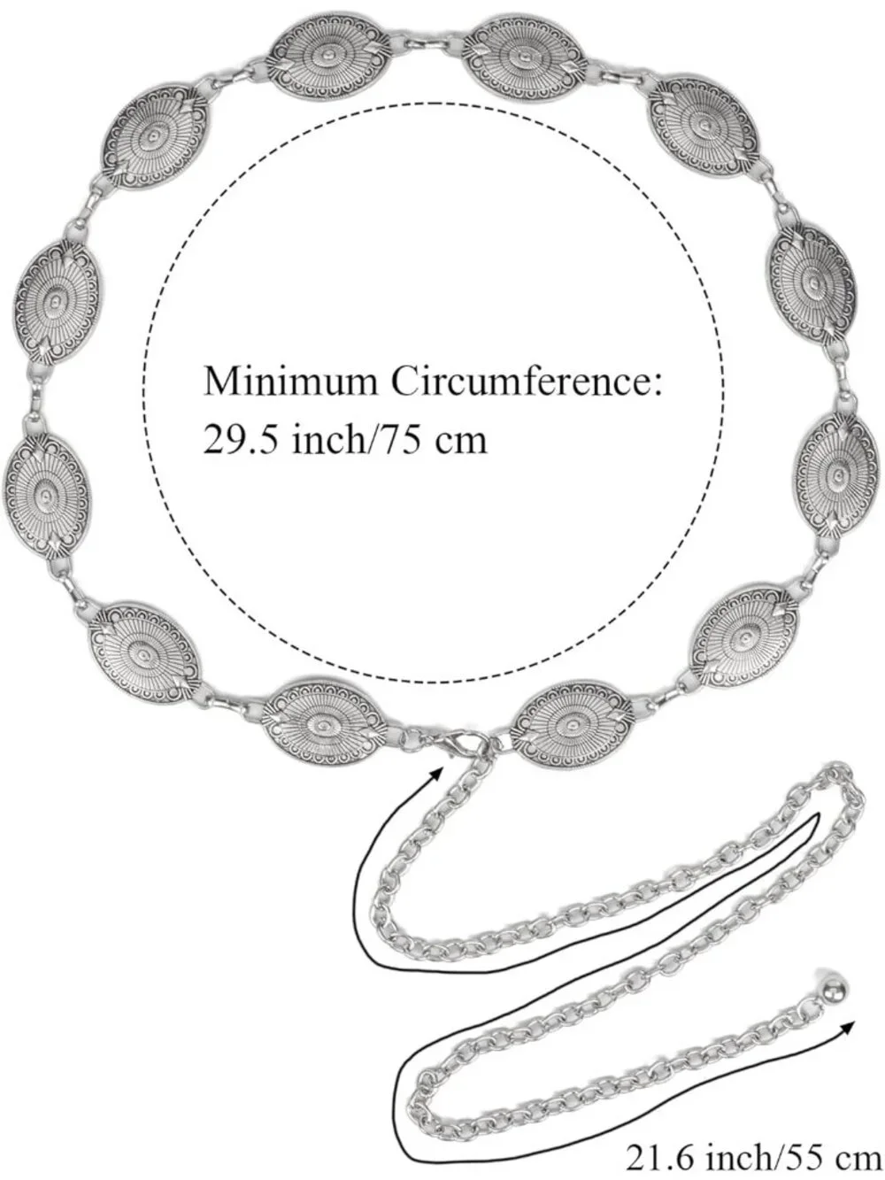 Women's Solid Silver Metal Belt Concho Belt Cowgirl Boho Vintage Chain Belt